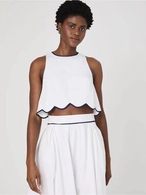 French Connection White Cropped Tank with Navy Scallop Trim